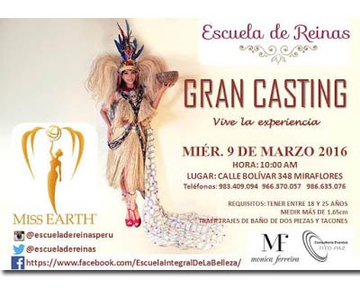 Road to Miss Earth Peru 2016 - the castings will start on 9 March 2016