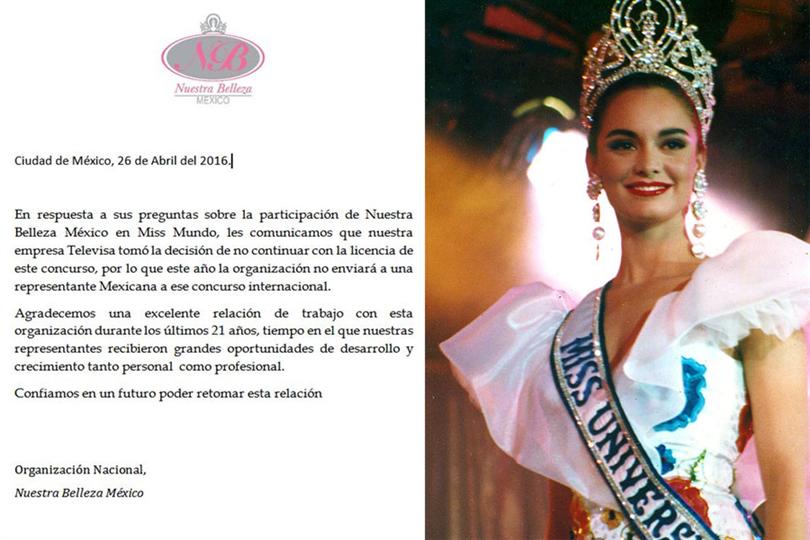 Nuestra Belleza Mexico will no more send representative to Miss World Pageant