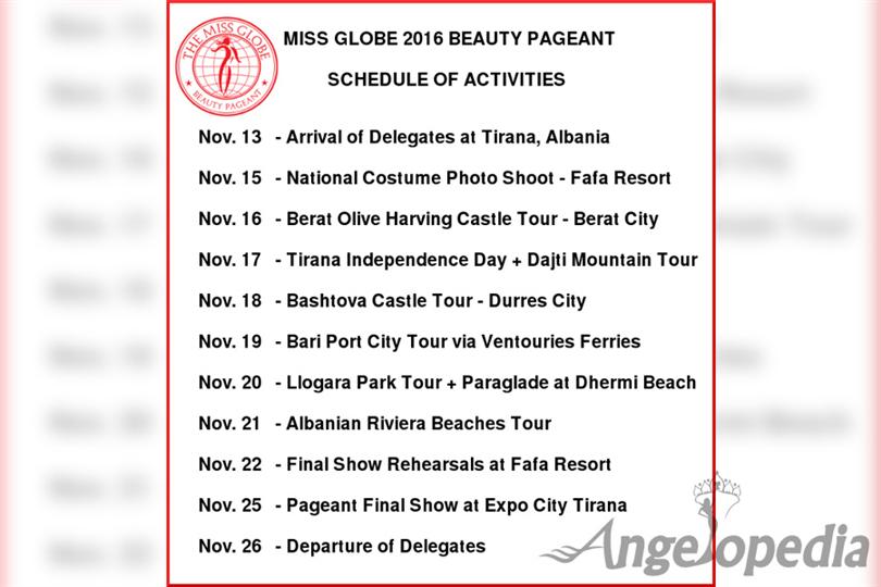 The Miss Globe 2016 Schedule of Activities