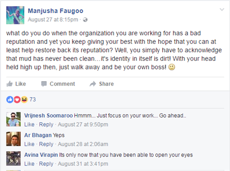 Manjusha Faugoo exposes the Mauritian Organisation on her Facebook Posts