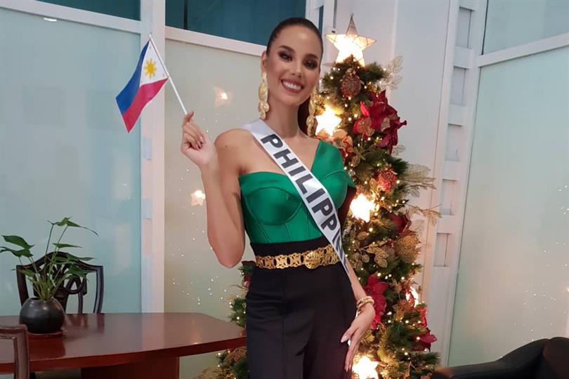 Miss Universe 2018 Catriona Gray wears Filipino Flag colours during the USA Media Tour