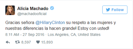 Alicia Machado thanks Hillary Clinton for mentioning her in the debate against Donald Trump