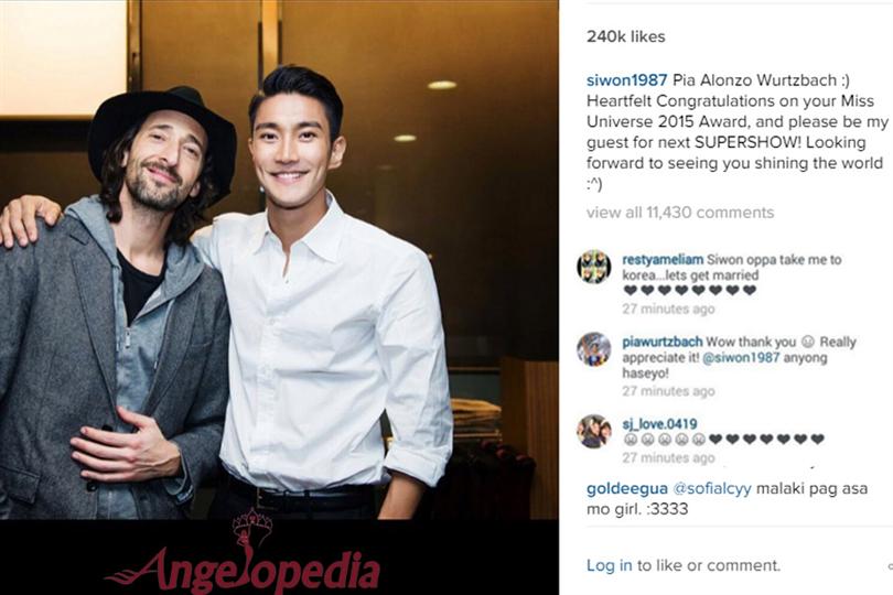 Choi Siwon extends congratulations to Miss Universe and invites her to Super Show 7
