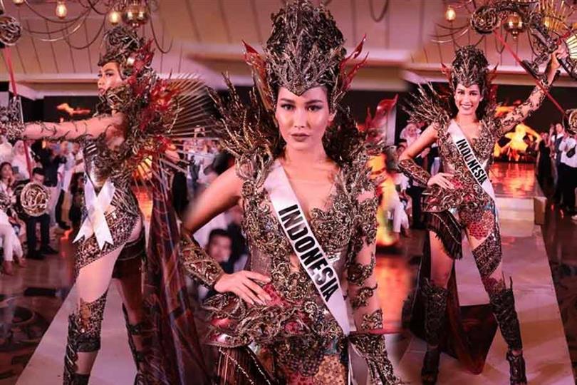 Indonesia’s Frederika Alexis Cull introduces her Evening Gown and National Costume at the Press Presentation