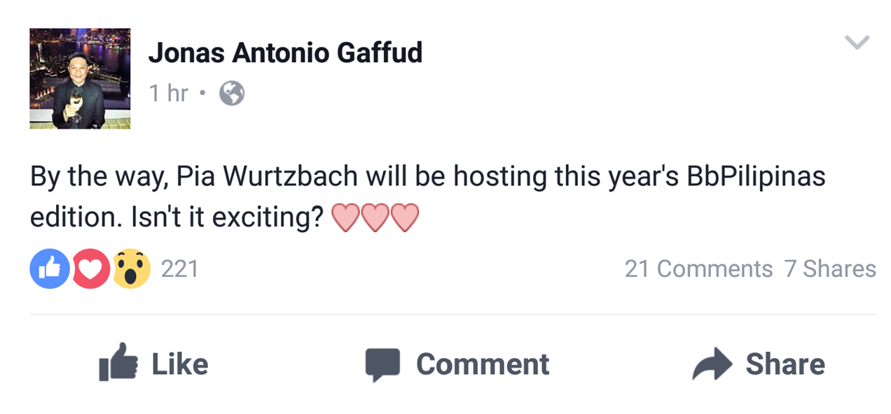 Pia Wurtzbach will co host the Binibining Pilipinas 2017 Finals