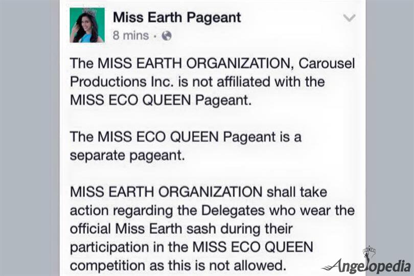 Miss Earth pageant issue an official statement regarding participation of delegates in Miss Eco Queen pageant wearing the Msis Earth sash
