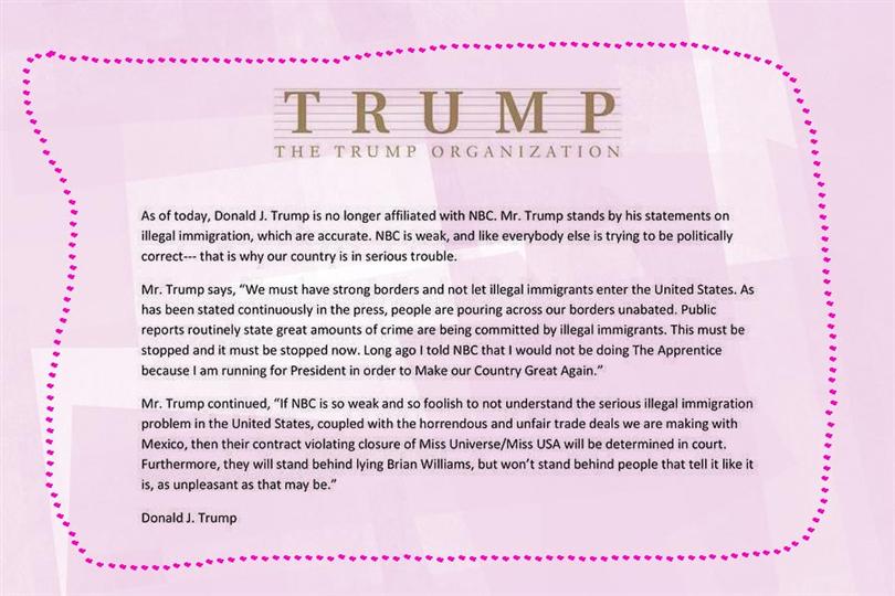 Donald Trump's reaction on withdrawal of sponsorship by Univision and NBC fr MU and Miss USA