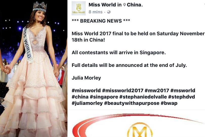 China and Singapore to co host the Miss World 2017 pageant