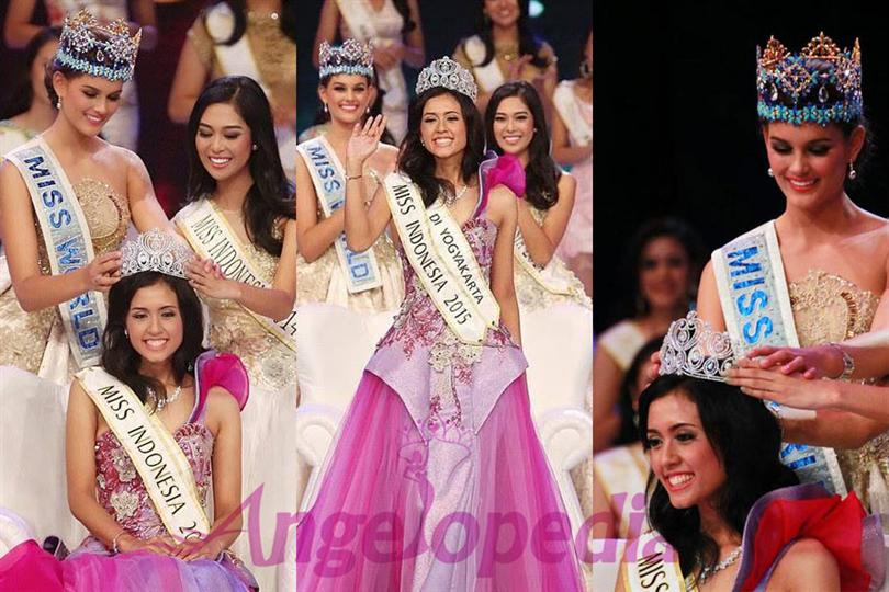  Maria Harfanti was crowned by Maria Rahajeng, the outgoing queen Miss Indonesia 2014, who was accompanied by Rolene Strauss the reigning Miss World