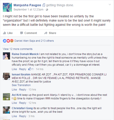 Manjusha Faugoo exposes the Mauritian Organisation on her Facebook Posts